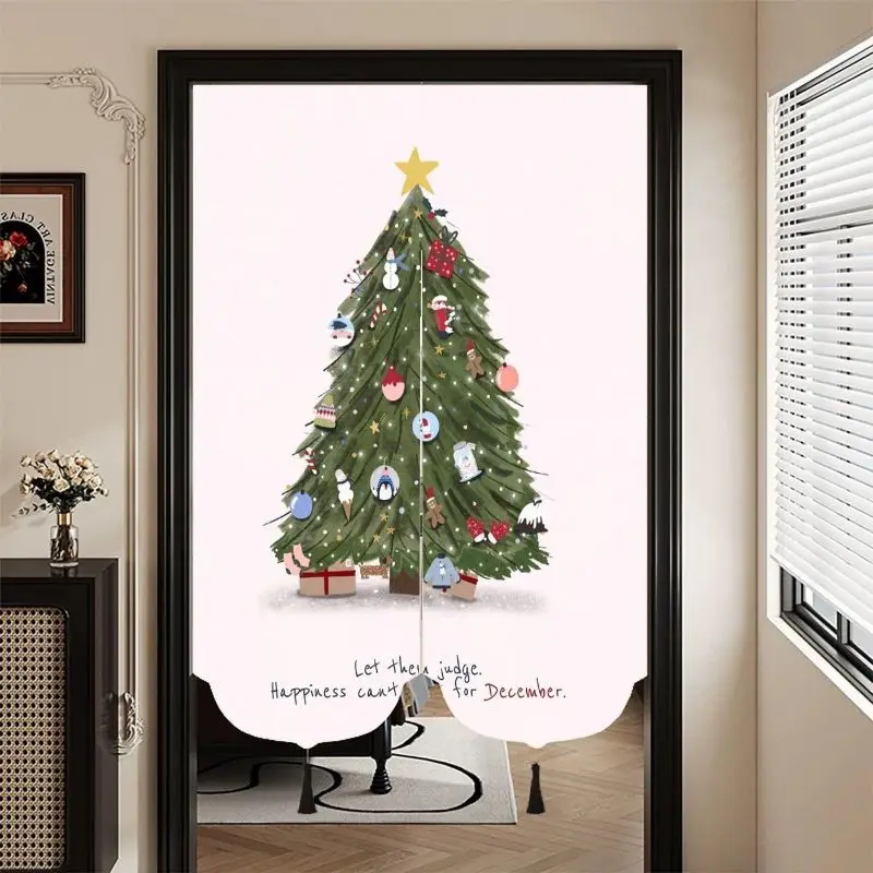 VIKAMA Christmas Watercolor Pine Ornament Door Curtain Cream Decoration Pendant Star Present Happiness Text Kitchen Dining Soft