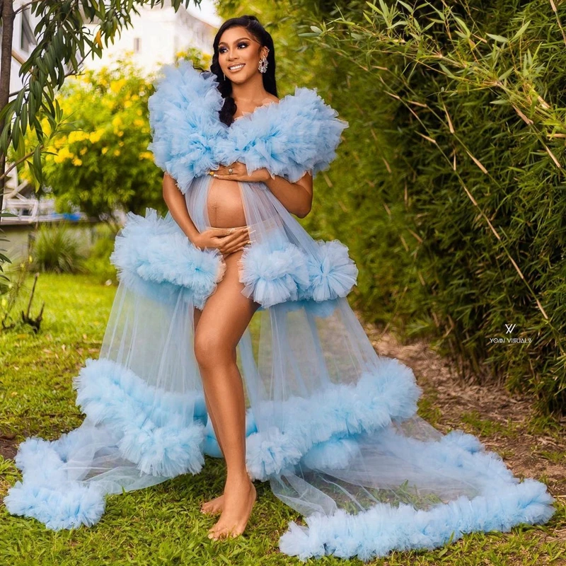 

See Thru Light Blue Tulle Maternity Dresses Puffy Shoulder Ruffles Tiered Pregnant Women Gowns For Photo-shoot Custom Made