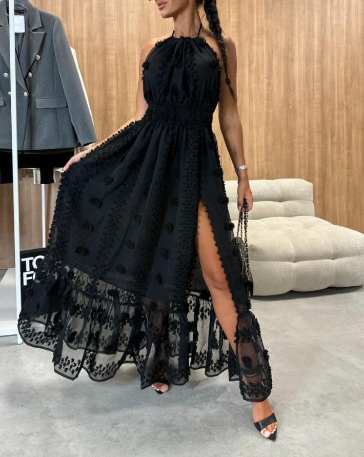 

Woman Elegant Dresses New 2025 Summer Halter 3D Flower Mesh Slit Evening Dress Female Backless Shirred Mesh Spliced Ruffle Dress