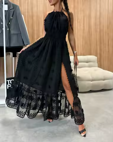 Woman Elegant Dresses New 2025 Summer Halter 3D Flower Mesh Slit Evening Dress Female Backless Shirred Mesh Spliced Ruffle Dress