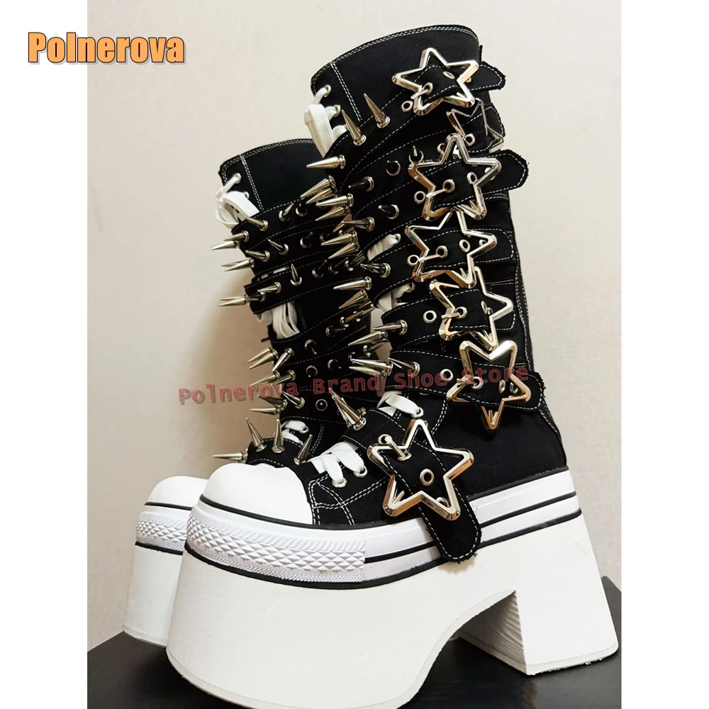 

Сапоги Ultra Platform с металлической звездой и пряжкой, круглый носок, увеличивающие рост, парусиновые сапоги до колена в стиле панк, большие размеры, стиль субкультуры