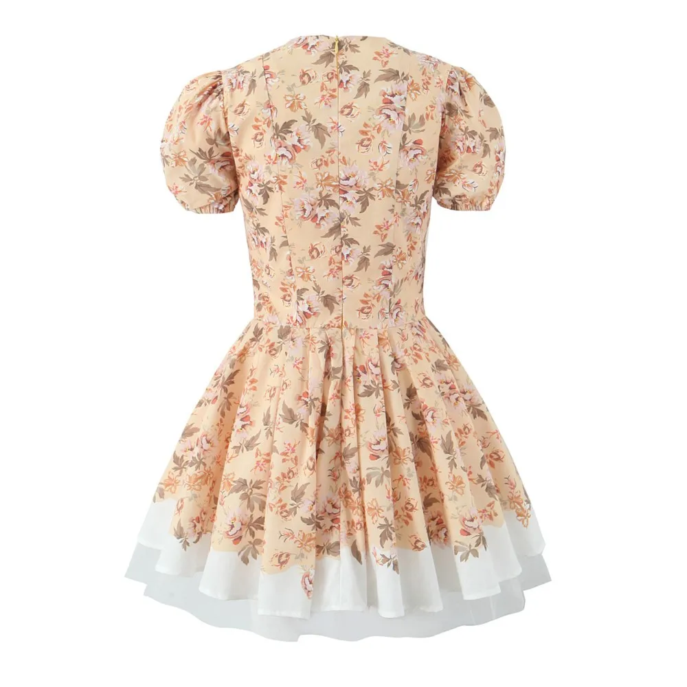 2024 Sexy Flower Print V Collar Corset Style Mini Dress Short Puff Sleeve Women Low Waist Ruched Pleated Contrast Color Hem Robe