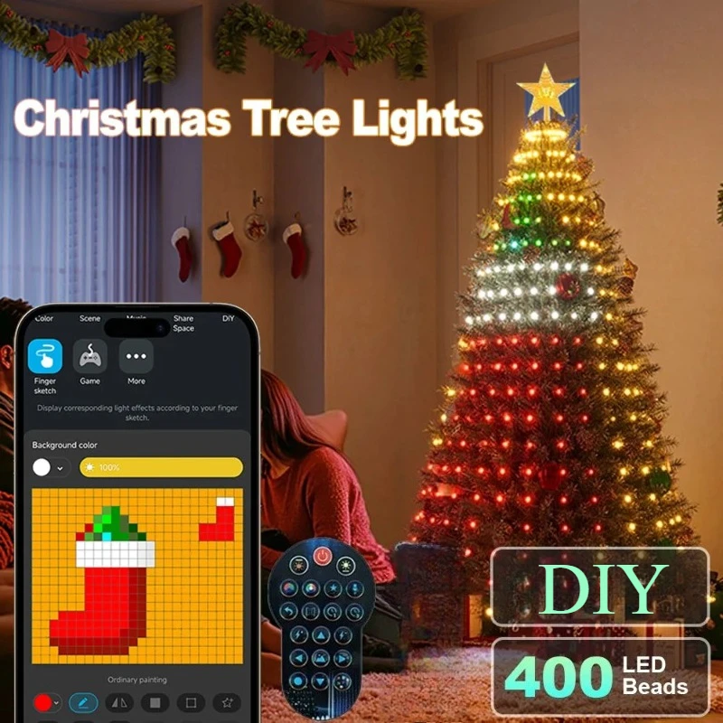400LED Smart Christmas Tree Light with Star shaped Top Waterfall Fairy LED Light DIY Application Remote Control decoration