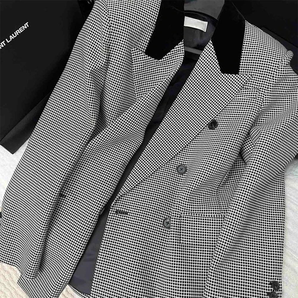 

Женский клетчатый пиджак, винтажная роскошная верхняя одежда с длинными рукавами, двубортный костюм оверсайз, пальто Y2k 2000-х годов, осень-весна 2025
