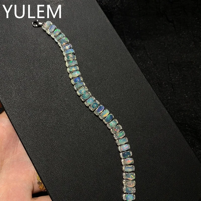 Sterling Silver Opal Bracelet for Office Woman 4*6mm 12ct Natural Opal 925 Silver Bracelet with 3 Layers 18K Gold Plated Jewelry