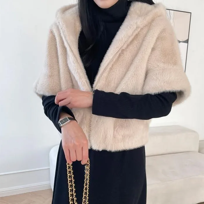 Korean Sle ort Sve Faux Fur Coat with Hat Mink Fur Vest Women's Outerwear Polyester Fiber Stand Fit Winter Jaet