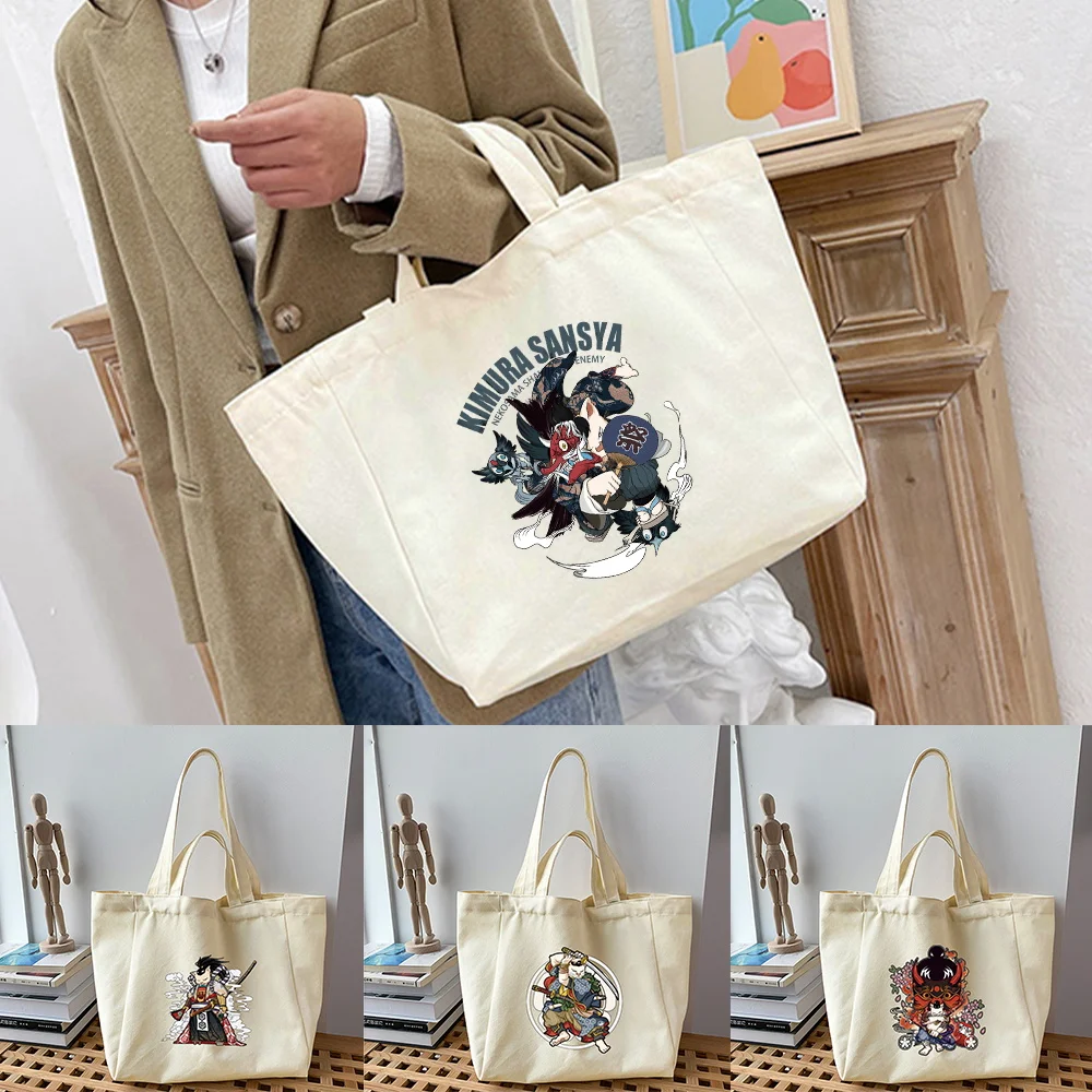 

Shopping Bag Harajuku Fashion Samurai Printing Cute Cartoons Handbag Canvas Shoulder Shopper Bag Reusable High Capacity Tote Bag