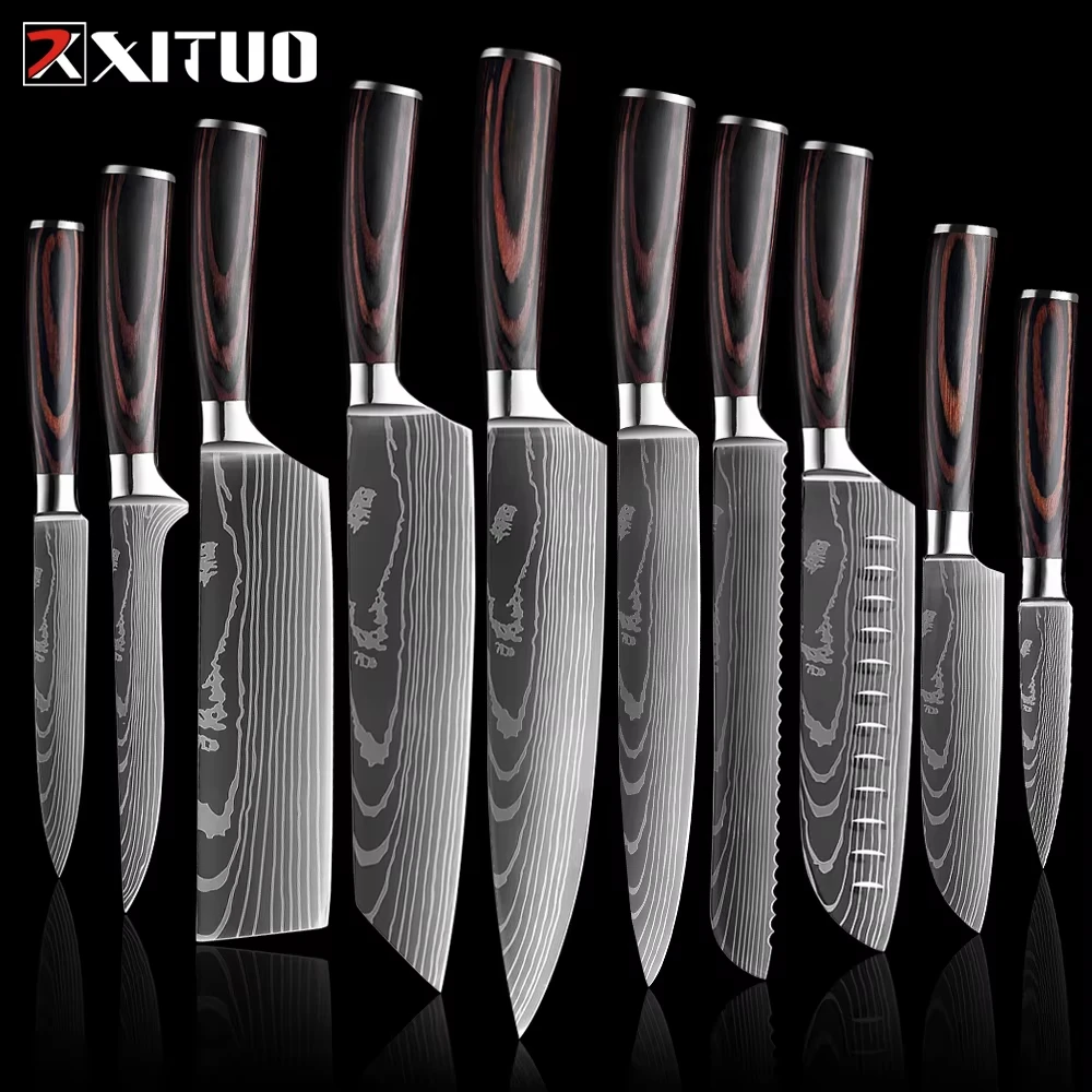 XITUO Chef Knife 1-10Pcs Kitchen Knives Set Laser Damascus Pattern Ultra-Sharp Santoku Knife Cleaver Slicing Utility Fruit Knife