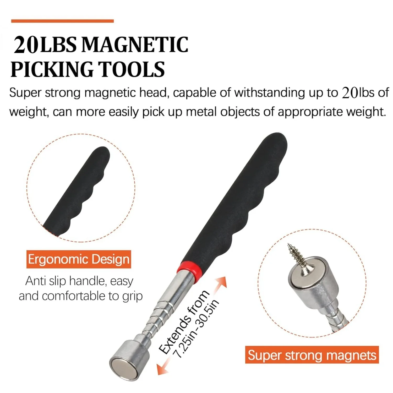 Teleskopisches magnetisches Aufnahmewerkzeug, 20 Pfund, Magnetstab, 30 Zoll, ausziehbarer Magnet mit Taschenclip, nützlich für schwer zugängliches Picking-Werkzeug – Detail 5