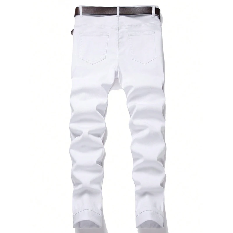 2026 New Men's White Ripped Jeans Hip-Hop Rock Distressed Y2K Pants Streetwear Stretch Slim Straight Washed Denim Trousers