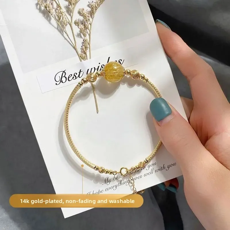 Natural Blonde Crystal Dense Hair Single Round Lucky Beads 14K Gold Plated Gold Wrap Bracelet Citrine Collection Jewelry Women's