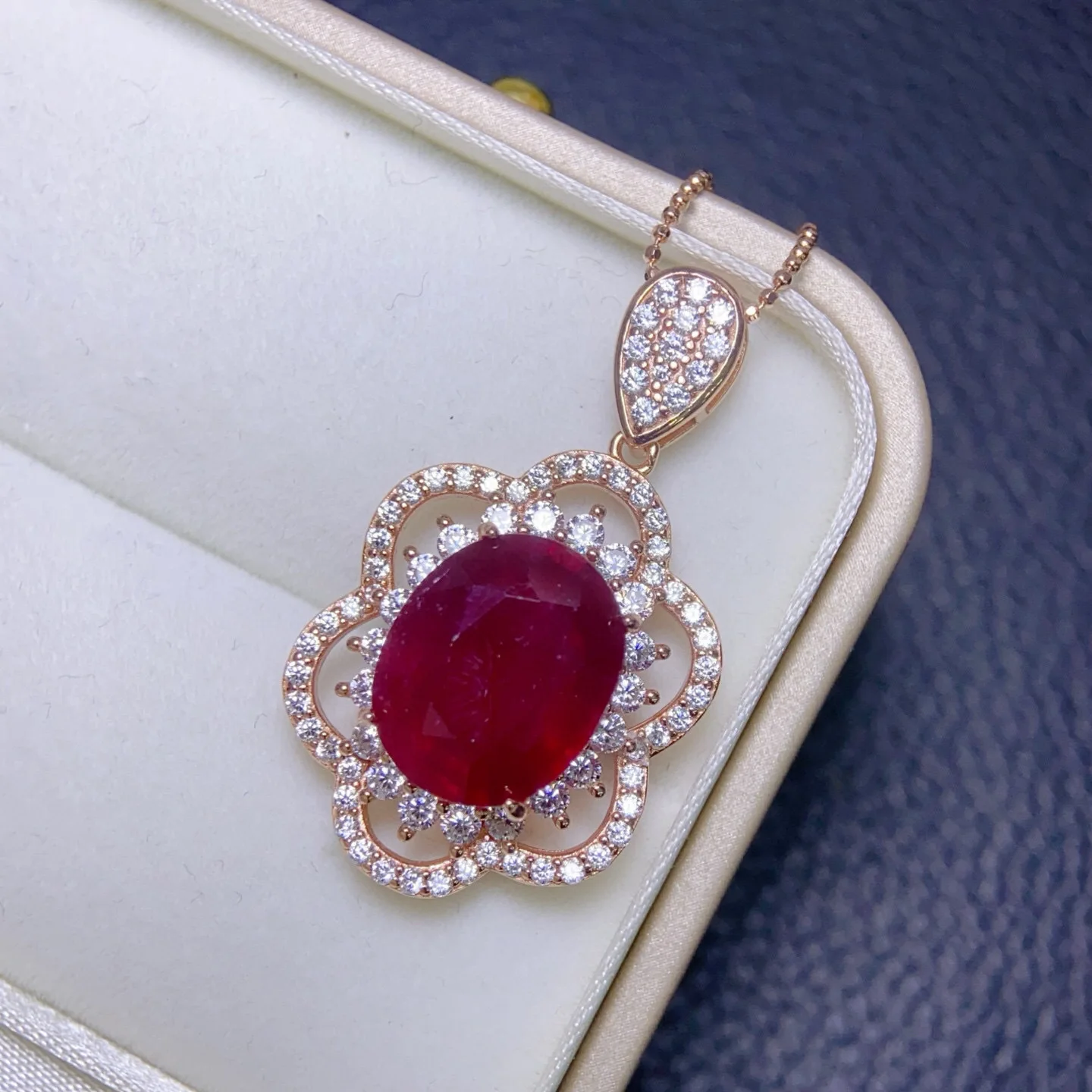 11x14mm New Heat Treated Ruby Pendant Necklace 925 Silver Rose Gold Plated with Cubic Zirconia Halo for Women