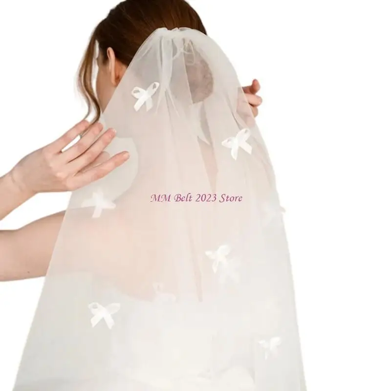 

49ME Eye Catching Tulle Bridal Veil With Bowknot Embellishments Headpieces Short Wedding Veil With Secure Comb Attachment