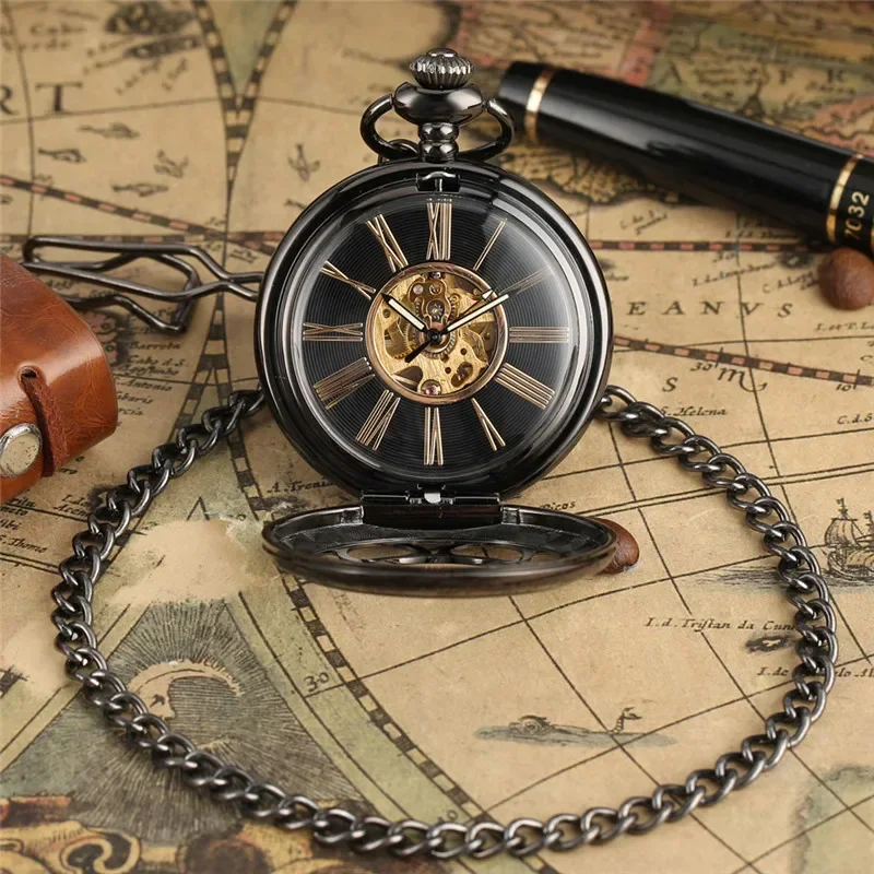 Steampunk Hollow Flower Cover Pocket Watch Mechanical Handwinding Clock Roman Numeral Dial with Pendant Chain for Men Women Gift