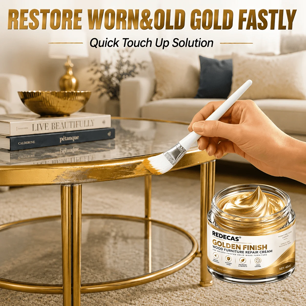 Gold Touch-up Paste: re-gilds carvings, old furniture, frames, figurines, plaster, resin, ceramics. No gold leaf. Metal & wood.
