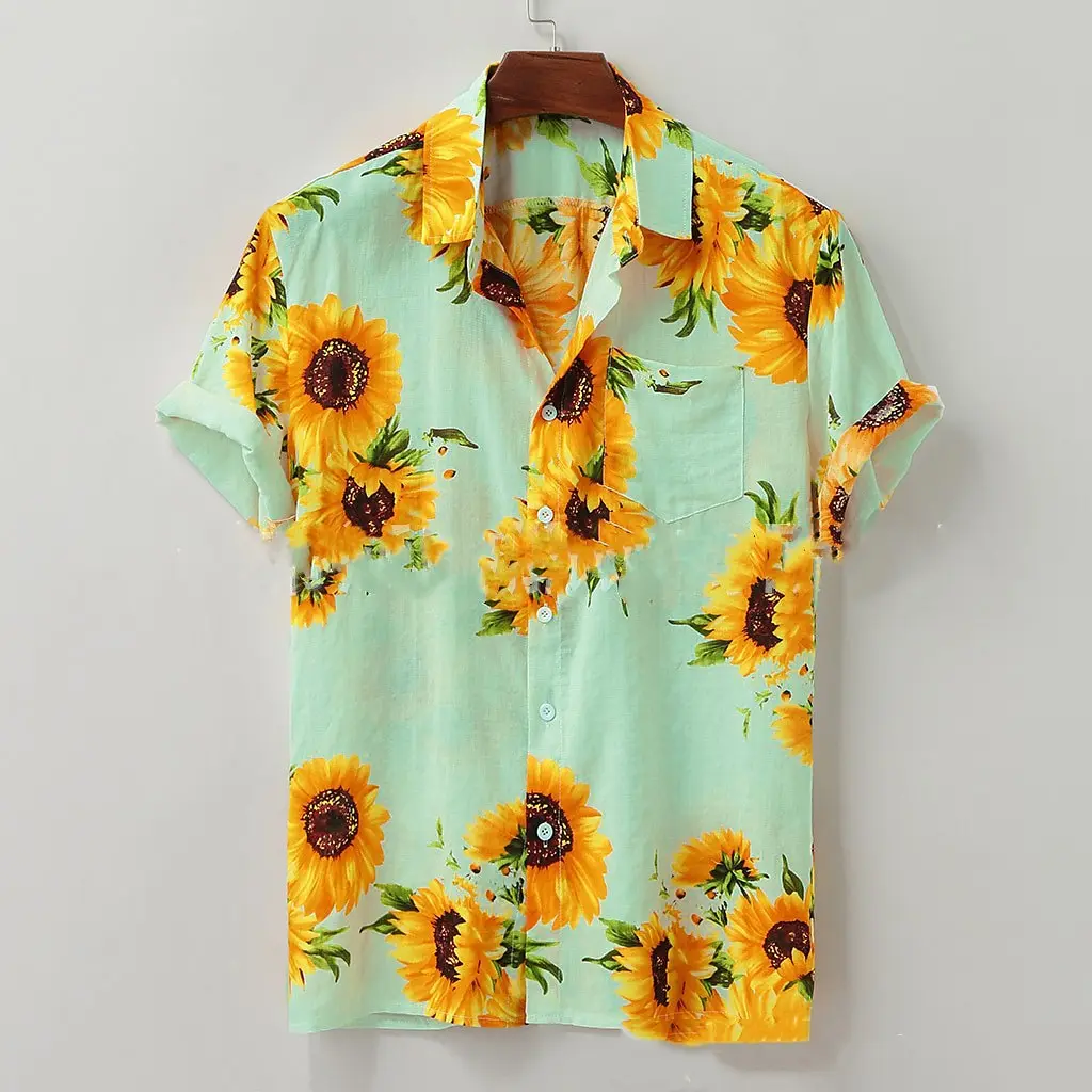 Men\'s shirt sunflower pattern light yellow party outdoor short sleeved button clothing street chic design casual