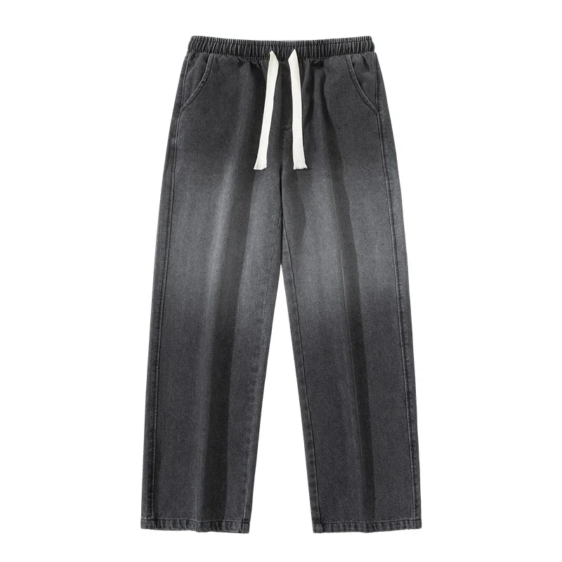 Men's 2024 Autumn and Winter Elastic Waistband Patchwork Drawstring Pocket Solid Color Loose Straight Leg Wide Leg Casual Jeans