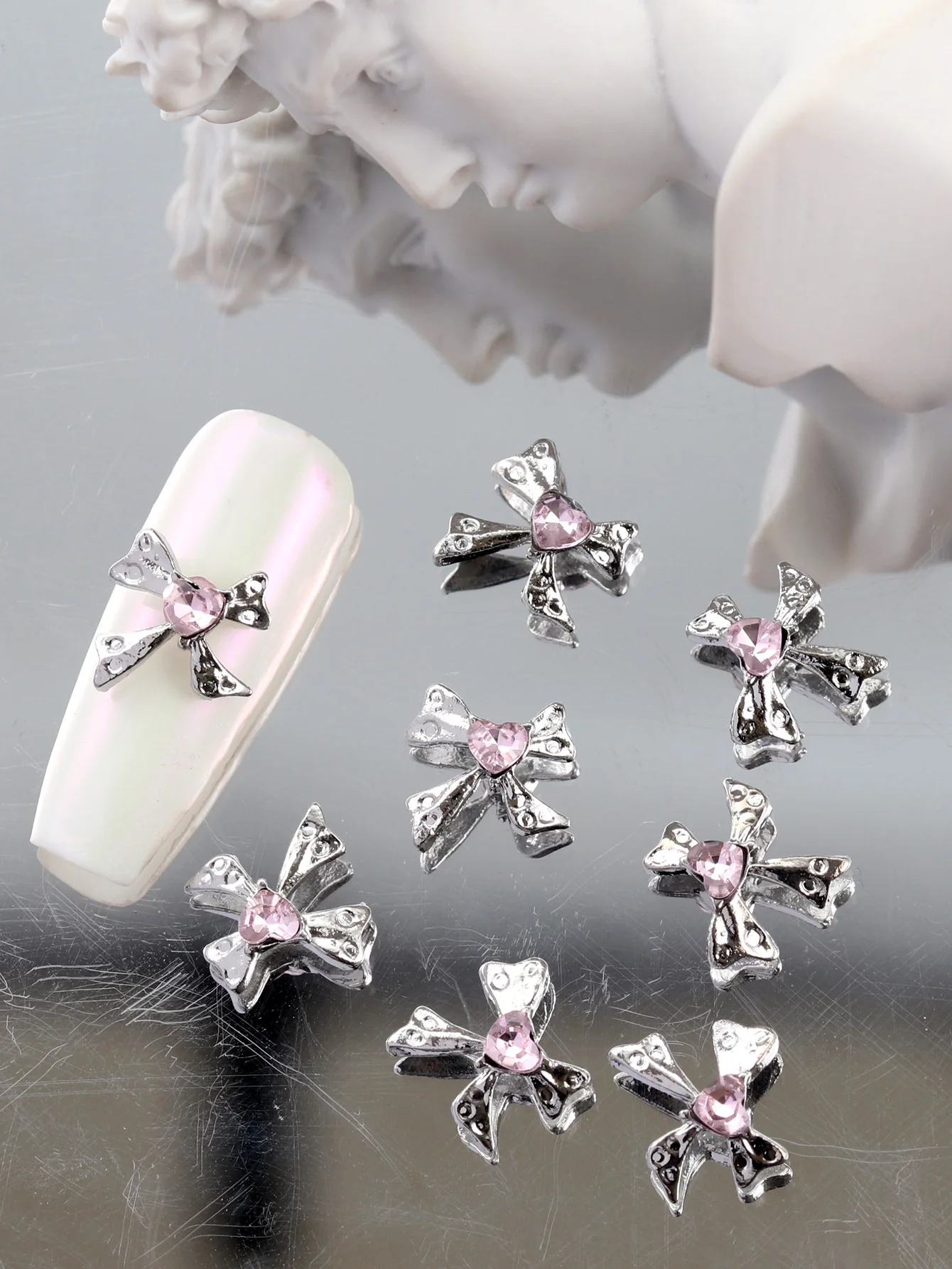 10pcs nail art accessories, three-dimensional luxury and exquisite bowknot pink nail jewels, DIY nail salon exclusive