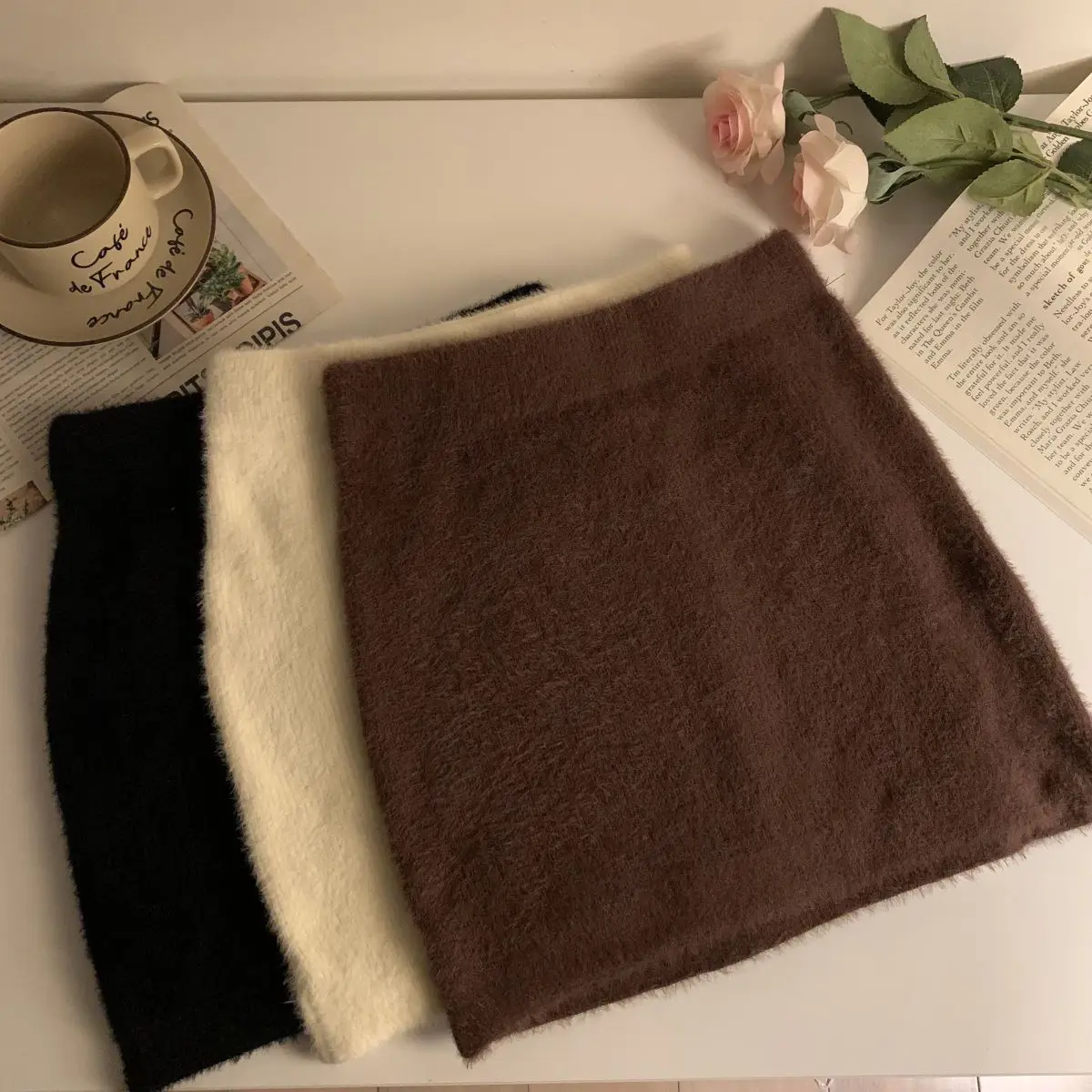 

Elastic Waist Slim Women Short Skirt Sexy Elegant All-match Basic Mini Skirt Winter Sweet Casual Knit Imitation Mink Fur Skirt