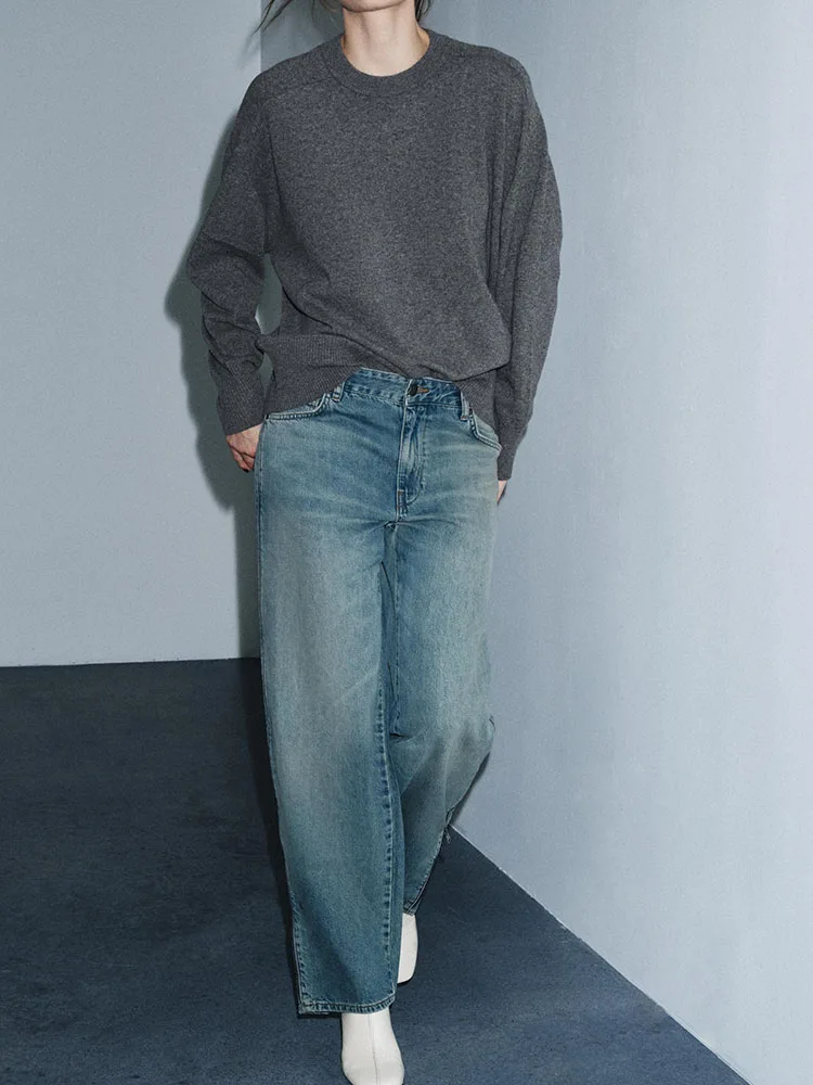 Faionable doce nova chegada inverno 2025 feminino meados de cintura zíper calças jeans ele simples calças de perna larga