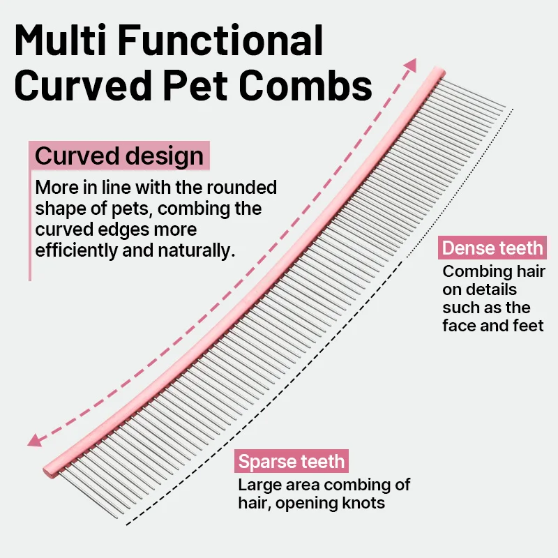 Professional New Arrival Curved Pet Grooming Needle Row Combs with Sparse Teeth and Dense Teeth Open the Knot Go Flea