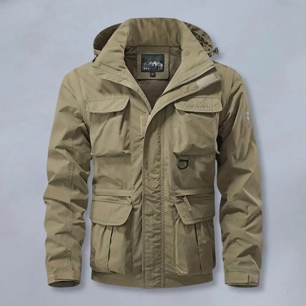 Men Jacket Lapel Removal Hooded Long Sleeve Jacket Coat with Multi Pockets Design Solid Color Zipper Placket Outdoor Jacket