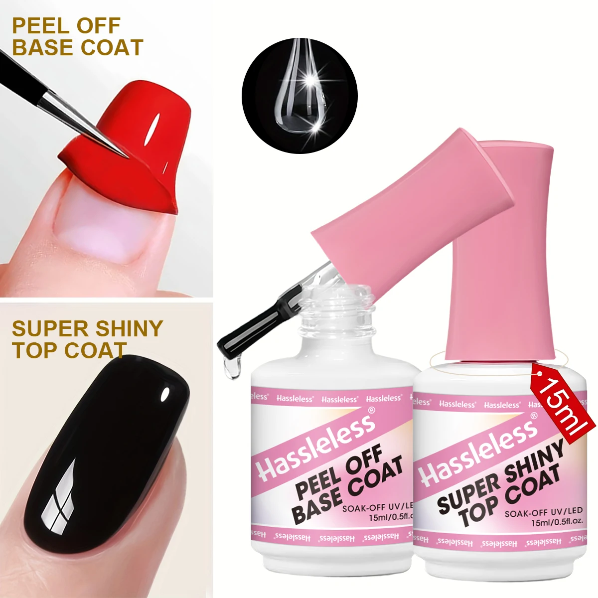 

Hassleless 2pcs Peelable Base Gel + Super Gloss Top Gel Nail Polish Set - Glossy gel top coat, easy-to-peel base gel, long-lasti