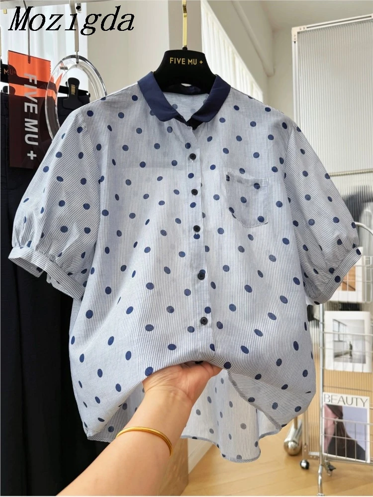 

Summer Polka Dot Cotton Chic Shirt Blouse Women Korean Style Short Sleeve Collared Ladies Tops Shirts