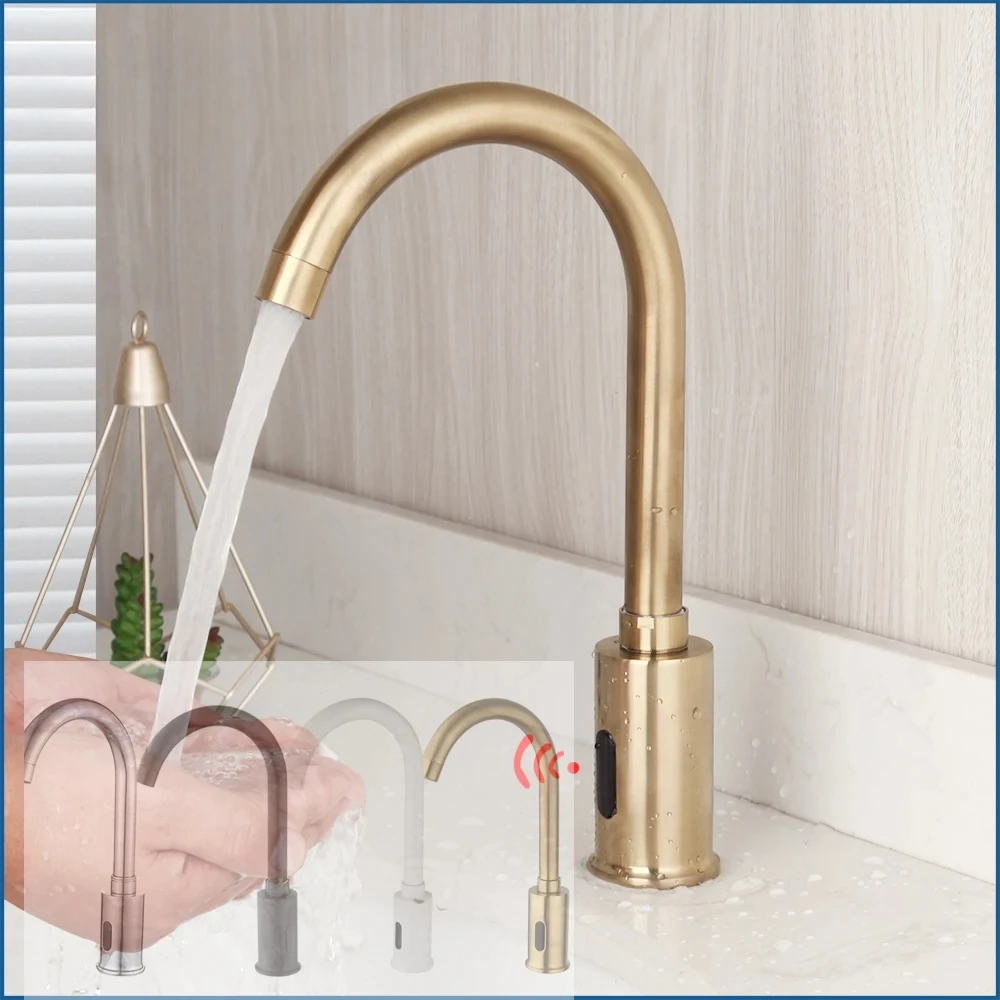 

Automatic Touch Free Bathroom Faucet Sensor Faucets Brushed Gold Hot Cold Mixer Tap Water Saving Inductive Electric Taps