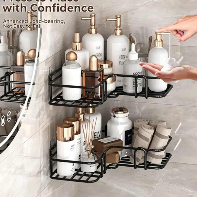 Self Adhesive Bathroom Shelf Punch  Aluminum Shower Storage Rack Waterproof with Hooks for Bathroom Sink Kitchen  Countertop