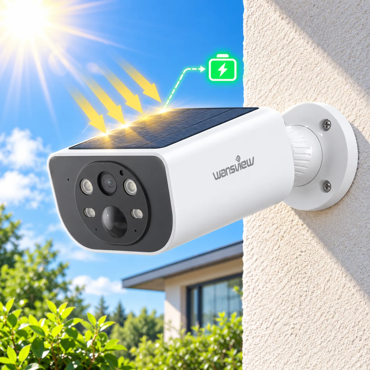 Telecamera Wi-Fi Solare Wansview 2K per Esterni, Telecamera Wireless a Batteria con Rilevamento Umanoide, Comunicazione Bidirezionale, Visione Notturna a Colori HD 3MP