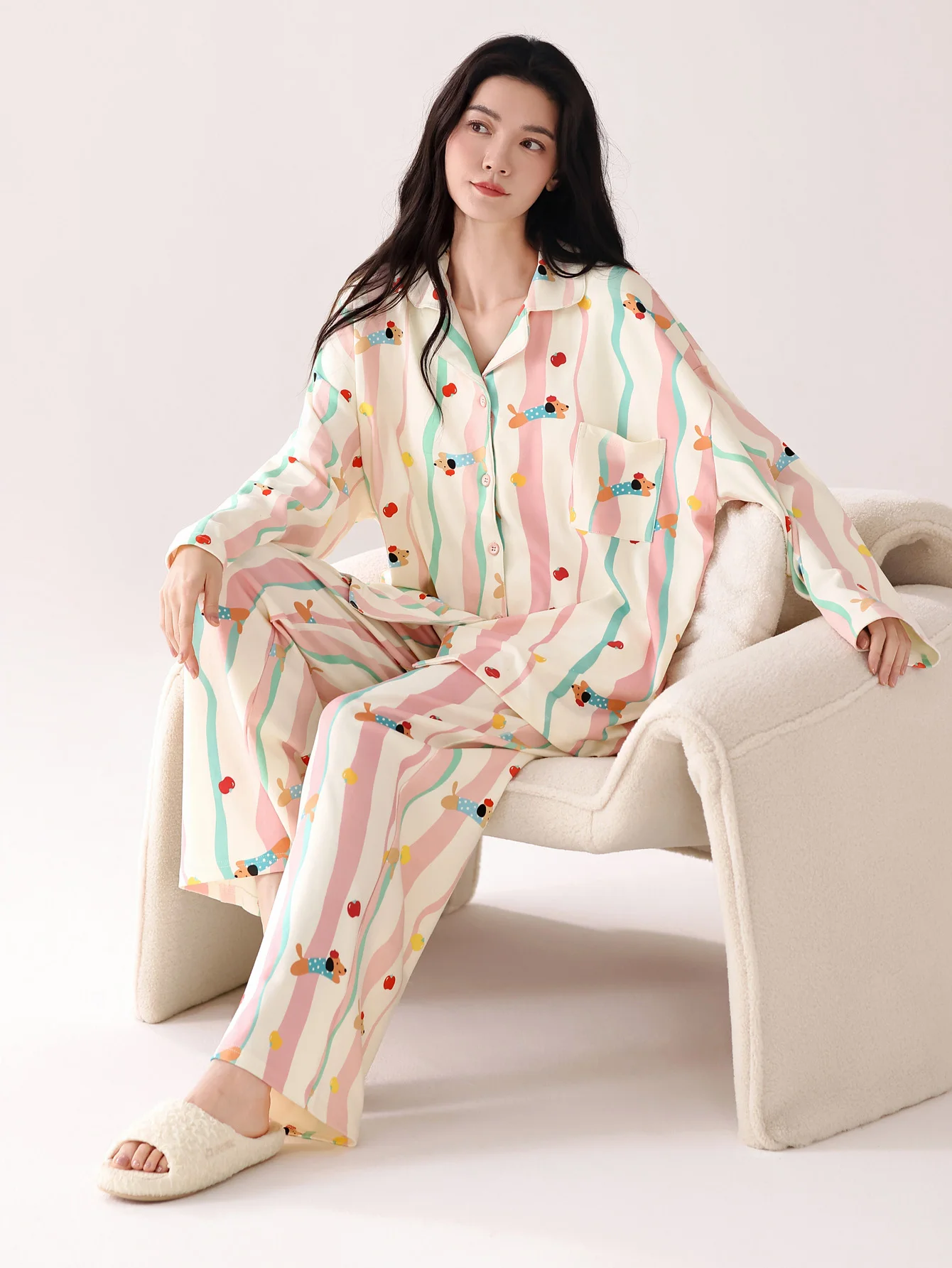 ملابس نوم من القطن الخالص 100% مع وسادة صدر، سراويل نسائية للخريف والشتاء بأكمام طويلة، ملابس نوم نسائية مقاس كبير من القطن الخالص