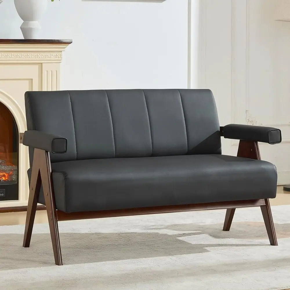 

Black Leather Sofa, Small Comfy Office Loveseat Couch with Back, Mid Century Modern Wooden Love Seat Bench Waiting Room Furnitur
