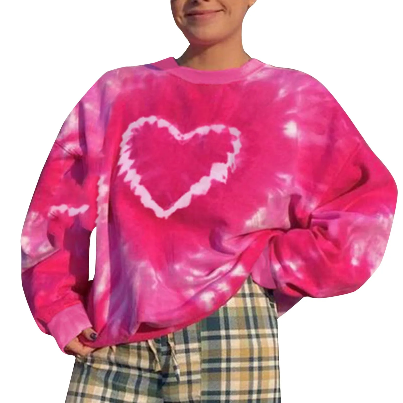 Women's Korean Heart Pattern Pullovers Pink O-Neck Pull Sweatshirts Tie Dye Long Sleeve Tops Autumn Aesthetics Y2K