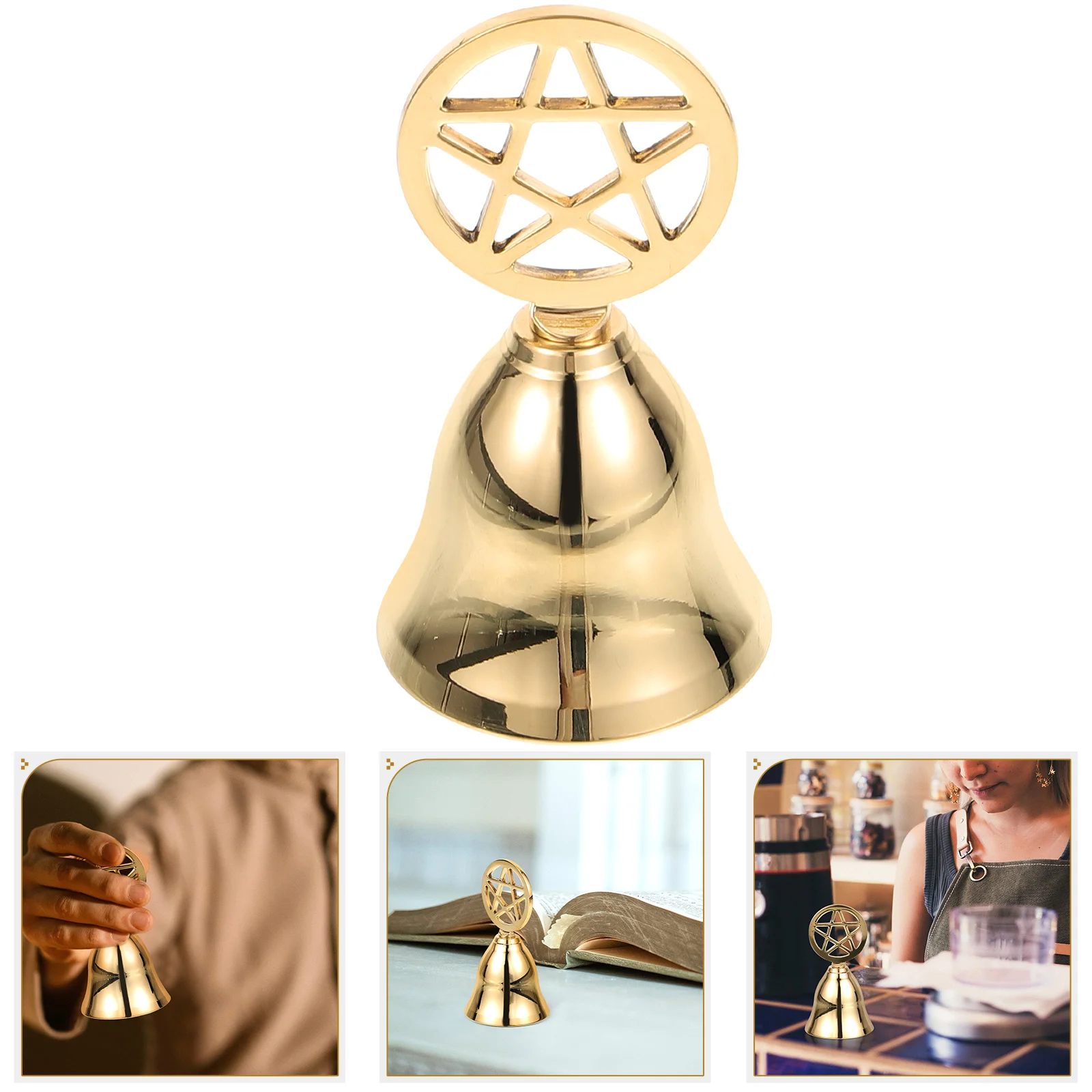 Pentagram Meditation Brass Hand Bell Service Table Tarot Ceremony Surrounding Golden Small