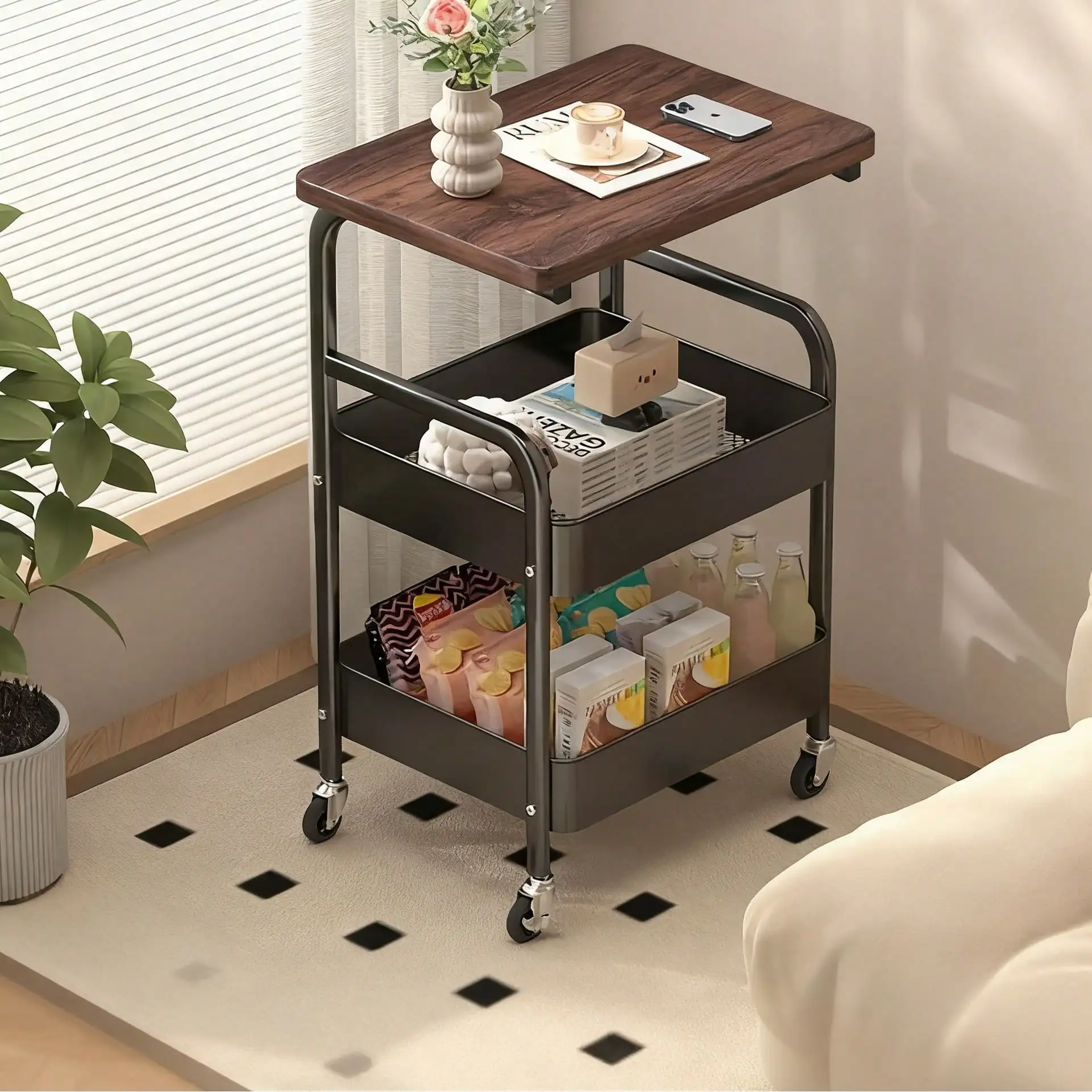 

3-Tier Metal Utility Rolling Cart With Wooden Table Top, Storage Cart Trolley Kitchen Organizer Rolling Desk With Locking Wheels