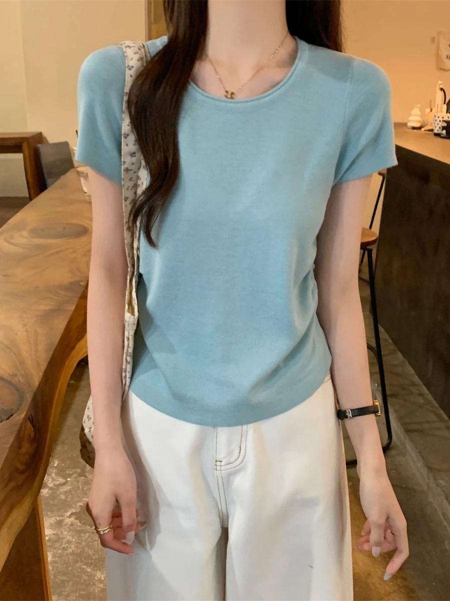 

Summer 2026 Women's Knitted Ice Silk ort Sve T-irt Slim Fit round Ne Top Korean Sle Commute Faion Soft Fabric