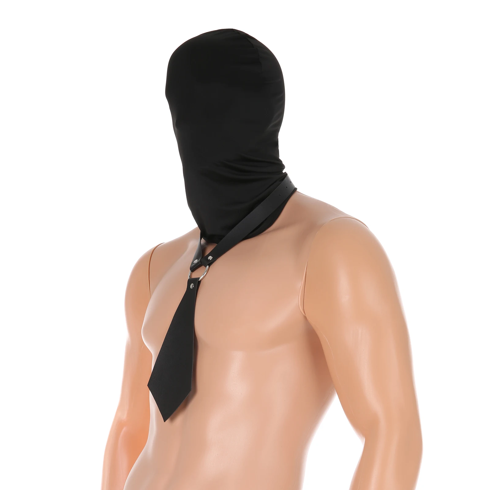 Männer Kunstleder Krawatte Kragen Halsband Vollgesicht Kopf Mann Abdeckung Hut Sturmhaube Kappe Set Eis Seide Durchsichtig BDSM Fetisch