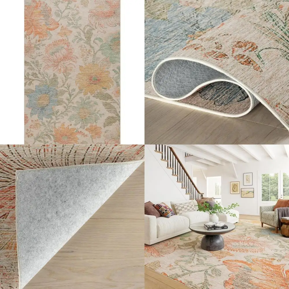 

Multicolored Floral 3x5 Feet Machine Washable Area Rug with Tan Accents for Home Decor