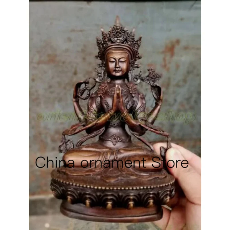 

Tibet Old Bronze Buddha Statue Prayer Safety God 4-Arm Guanyin Statue