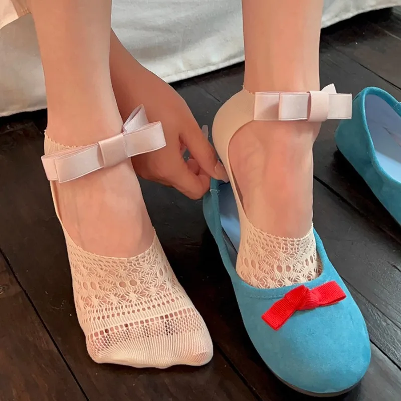 New Designer Socks Women's Summer Thin Cute Bow Lace Socks Ballet Lolita JK Mesh Fishnet Breathable Casual Invisible Short Socks image 2