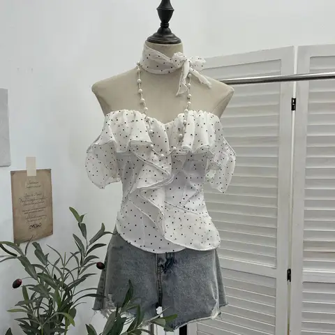ISAROSE Summer Braless Crop Tops for Women Sexy Chiffon Slash Neck Polka Dots Back Stretch Ruffles Slim Casual Blouse with Scarf