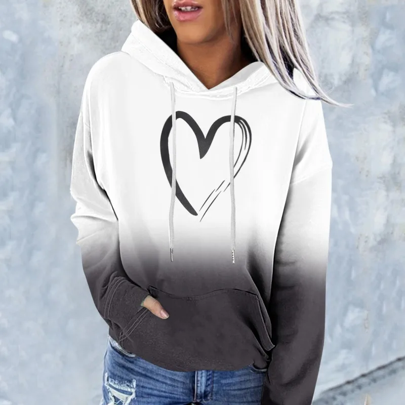 Spring and Autumn women 3D printed love hoodie trendy loose sweatshirt long sleeve spell back-to-back hat street clothing