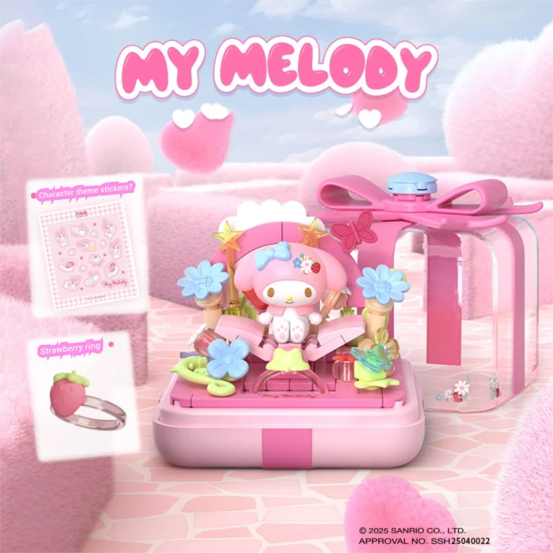 Sanrio 아크릴 링 박스 블라인드 박스 빌딩 블록 Hellokitty Kuromi Pochacco 모델 벽돌 장식품 어린이를위한 장난감 휴일 선물