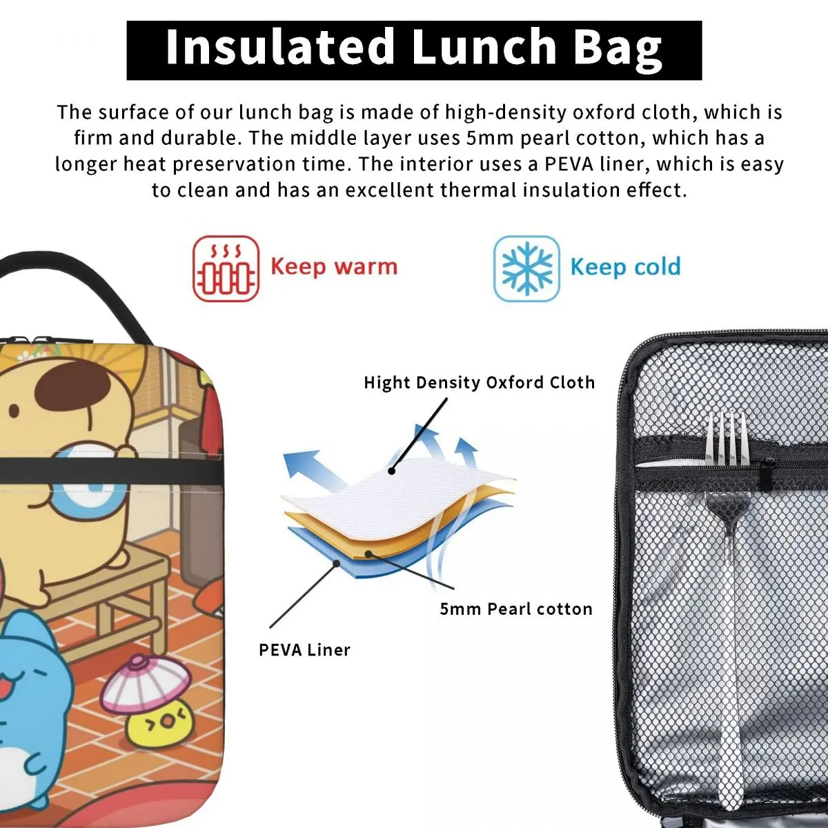 บักแคท คาปูสกระเป๋าใส่อาหารกลางวันแบบมีฉนวนกันความร้อนสำหรับแมวหกขาสีฟ้าสำหรับโรงเรียน กระเป๋าใส่อาหารแบบพกพา กระเป๋าเก็บความเย็น กล่องอาหารกลางวันแบบเก็บความร้อน