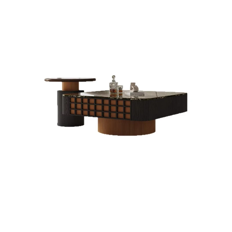 Modern two-piece stone coffee table with wooden top and frame, suitable for small apartment living room furniture