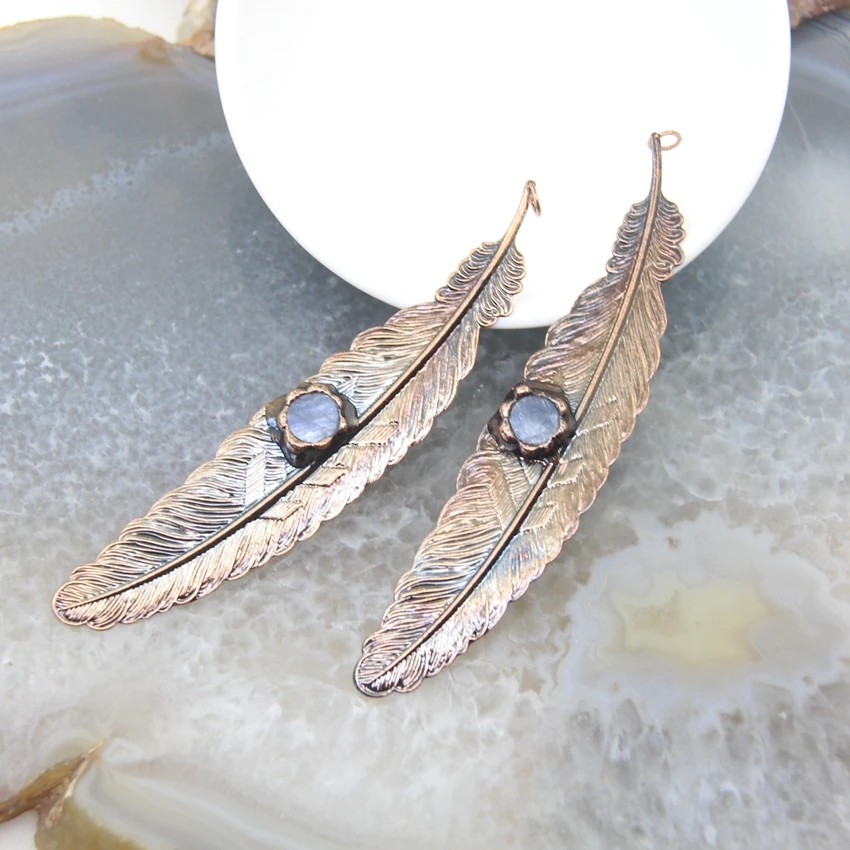 Soldered Bronze Kyanite Feather Pendant,Bohemia Antique Copper Inlay Blue Quartz Charms Viintage Retro Necklace Jewelry Making