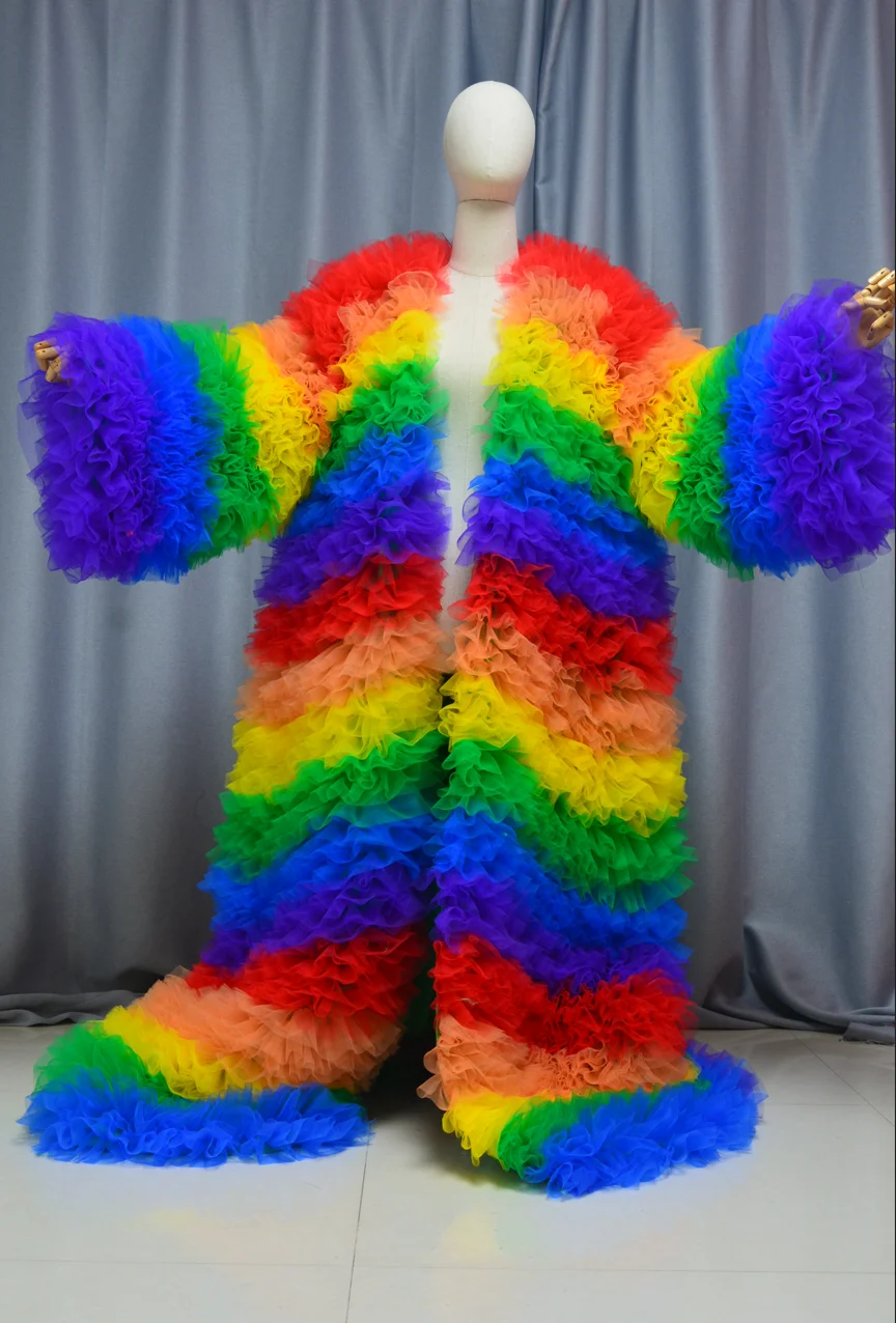 Amazing Multi Colored Ruffles Tulle Long Jacket Women Stage Show Jacket Dresses Big Volume Tulle Robe Outerwear