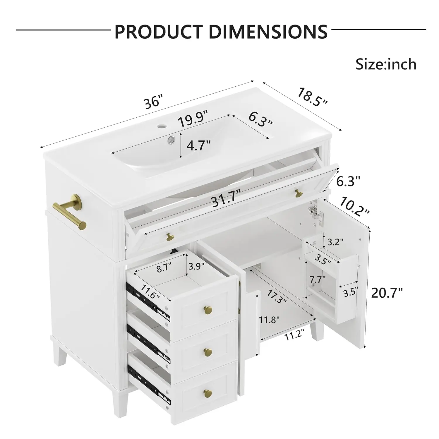 36 Inch Bathroom Vanity with Sink, Farmhouse Freestanding Bathroom Cabinet with Ceramic Sink, 2 Soft Close Doors, 4, Customized