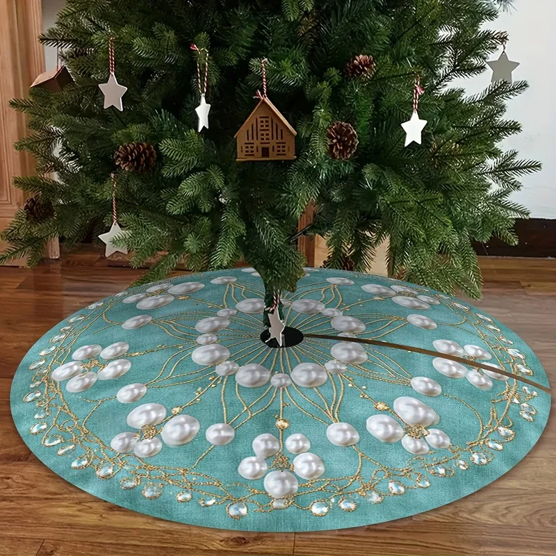 VIKAMA Teal Pearl Flower Gold Thread Christmas Tree Skirt Xmas Mat Luxury Holiday Decor